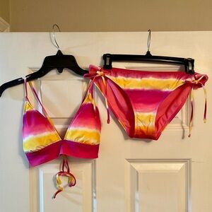 Raisins Fuschia Pink Yellow White Tie Dye Bikini, size Large (fits like Medium)